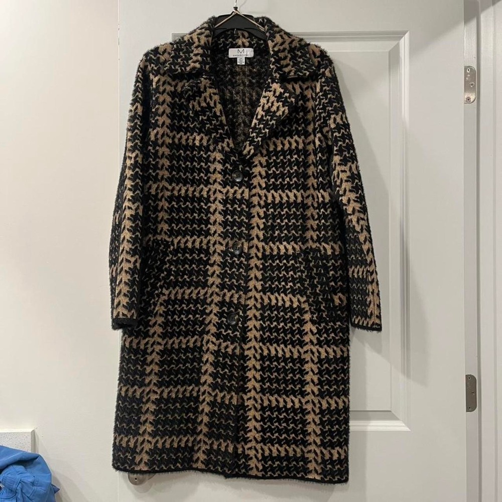 Magashoni black and tan pattern fuzzy long coat winter chic